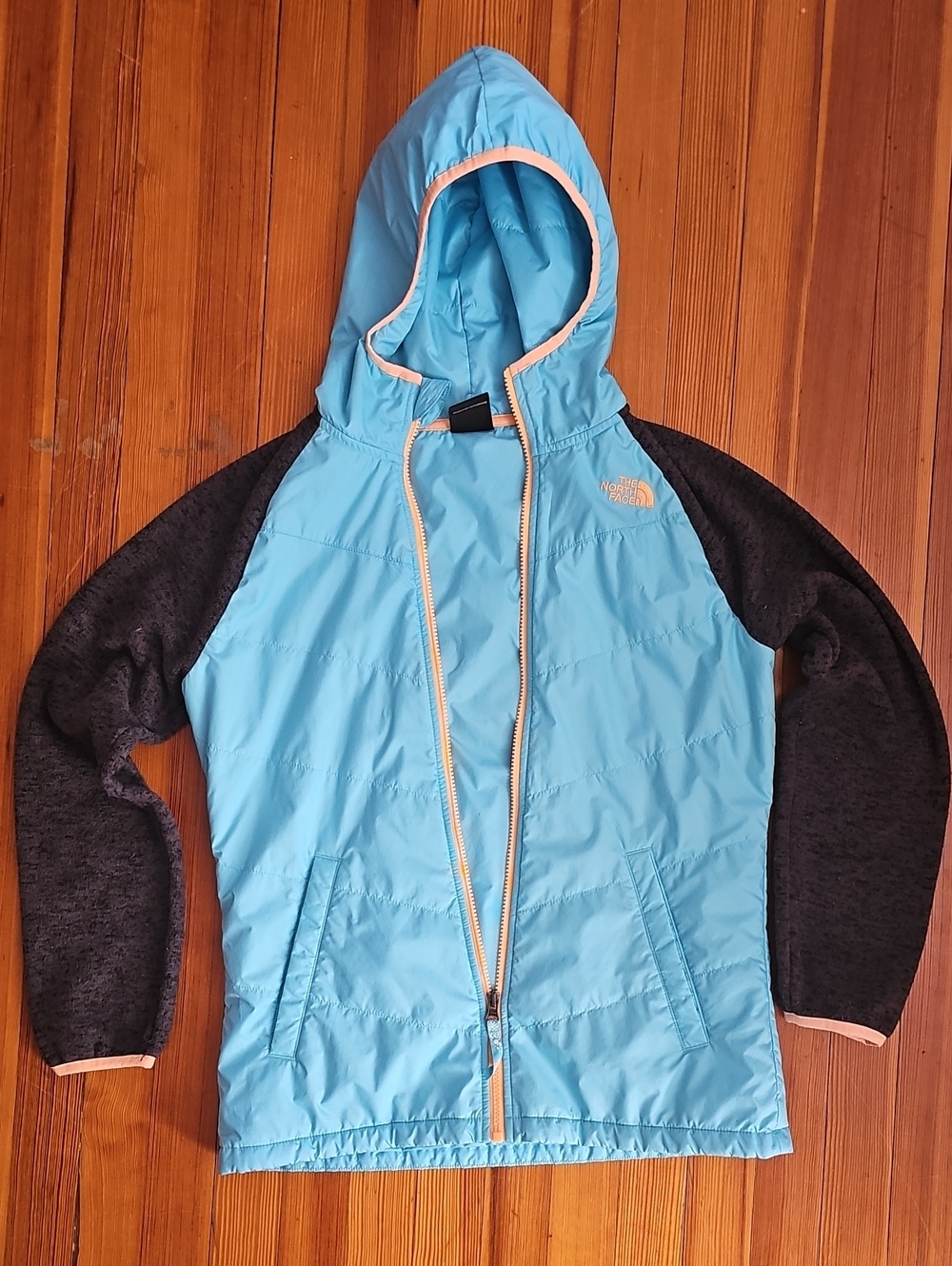 The North Face Kids Hooded Hybrid Puffer Jacket - Light Blue & Dark Gray